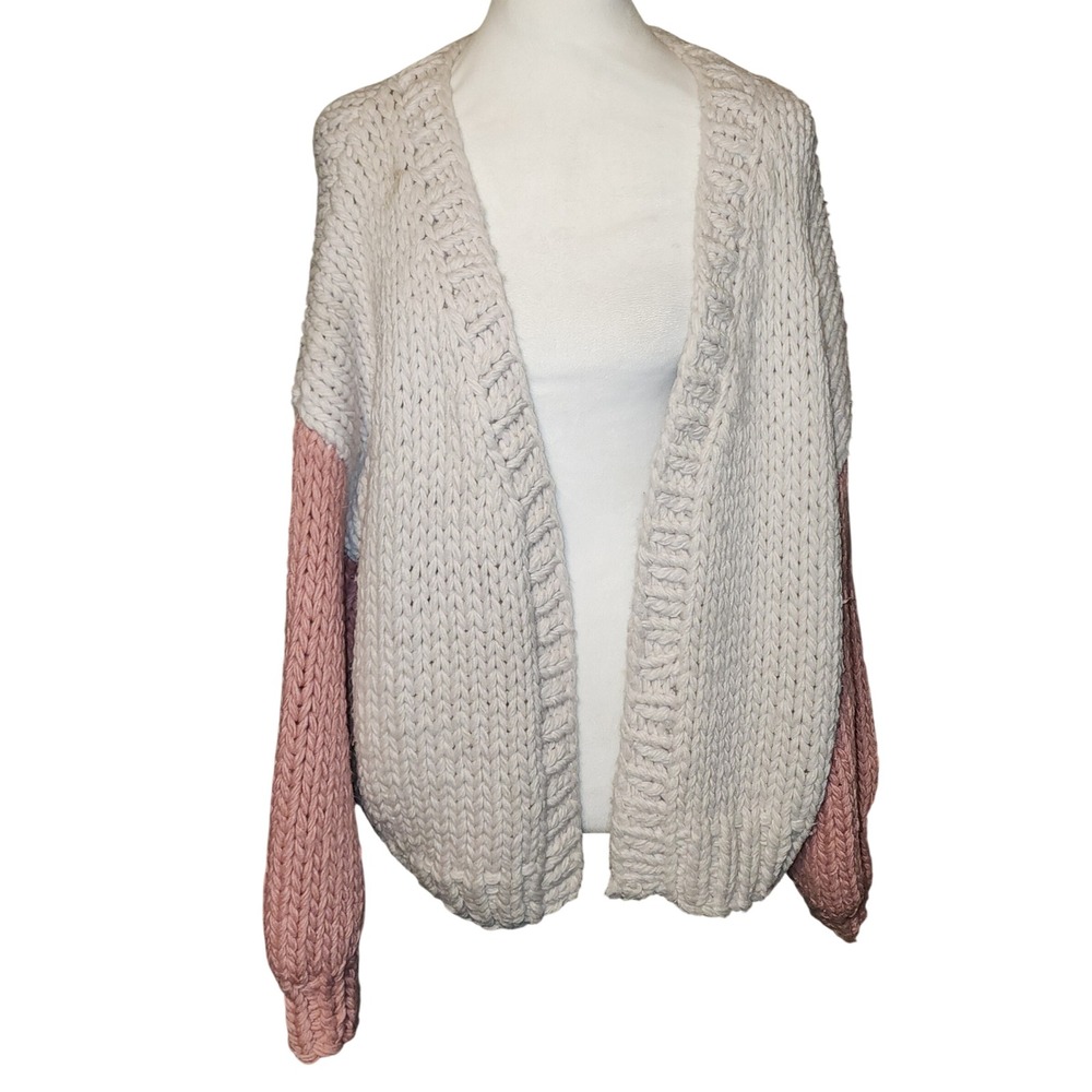 PAPER HEART Chunky Knit Cardigan Colorblock Balloon Sleeve Sweater Size S/M SEE